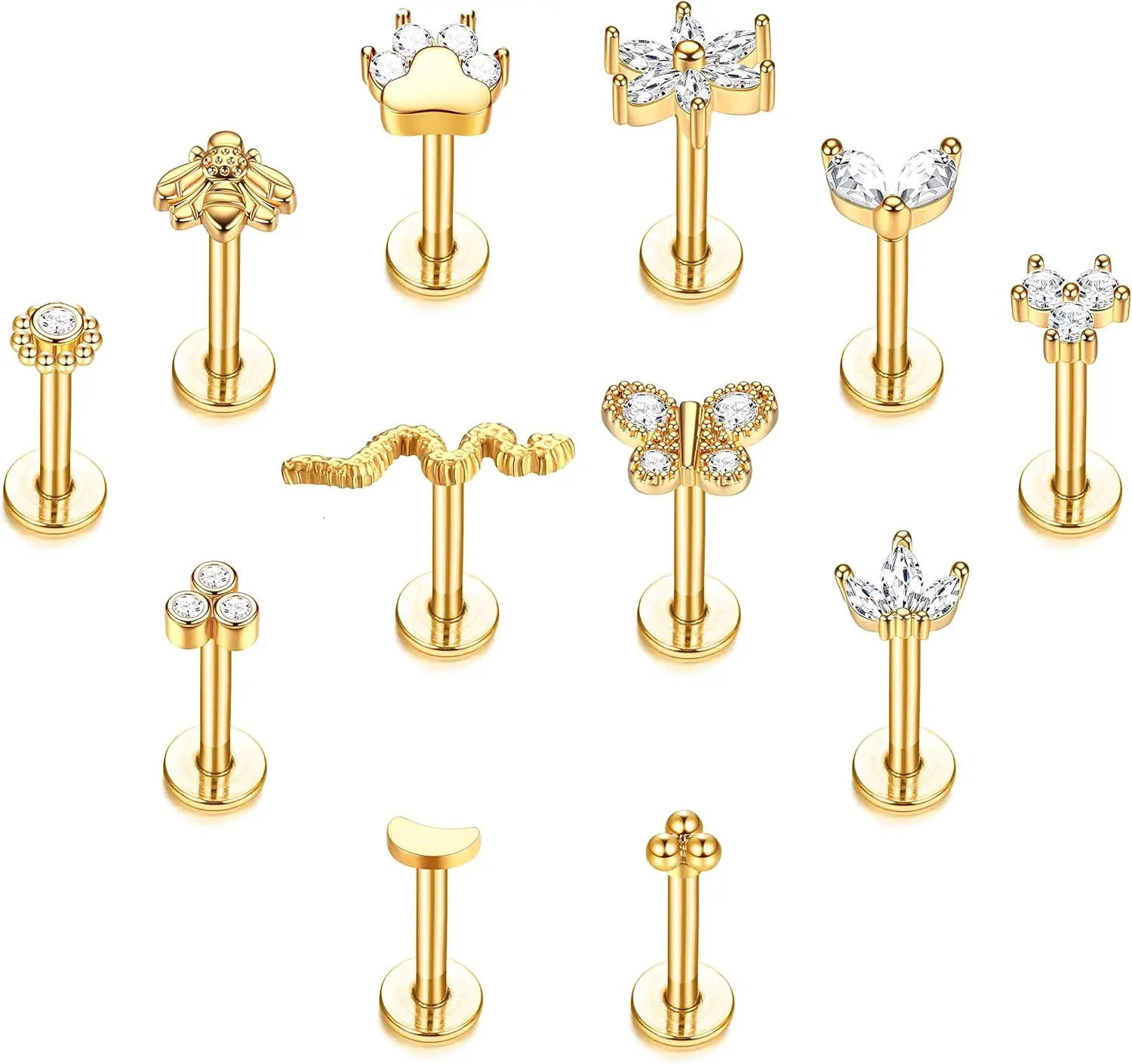 Drperfect 12Pcs Nose Piercing for Women Men Steel Internally Threaded Labret Lip Piercing Conch Helix Piercing Jewelry 250605