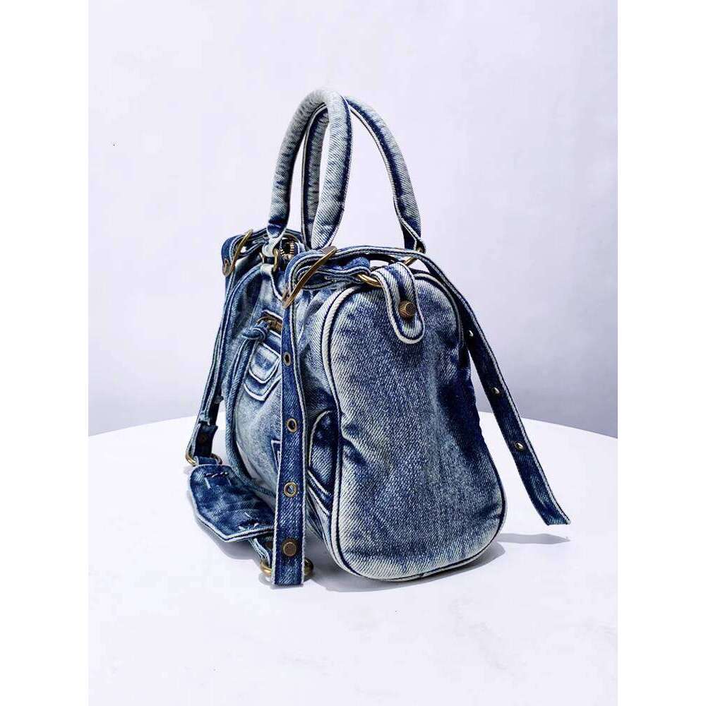 Washed Denim Motorcycle Tote New Rivet Decor Niche Handbag Shoulder Crossbody Bag