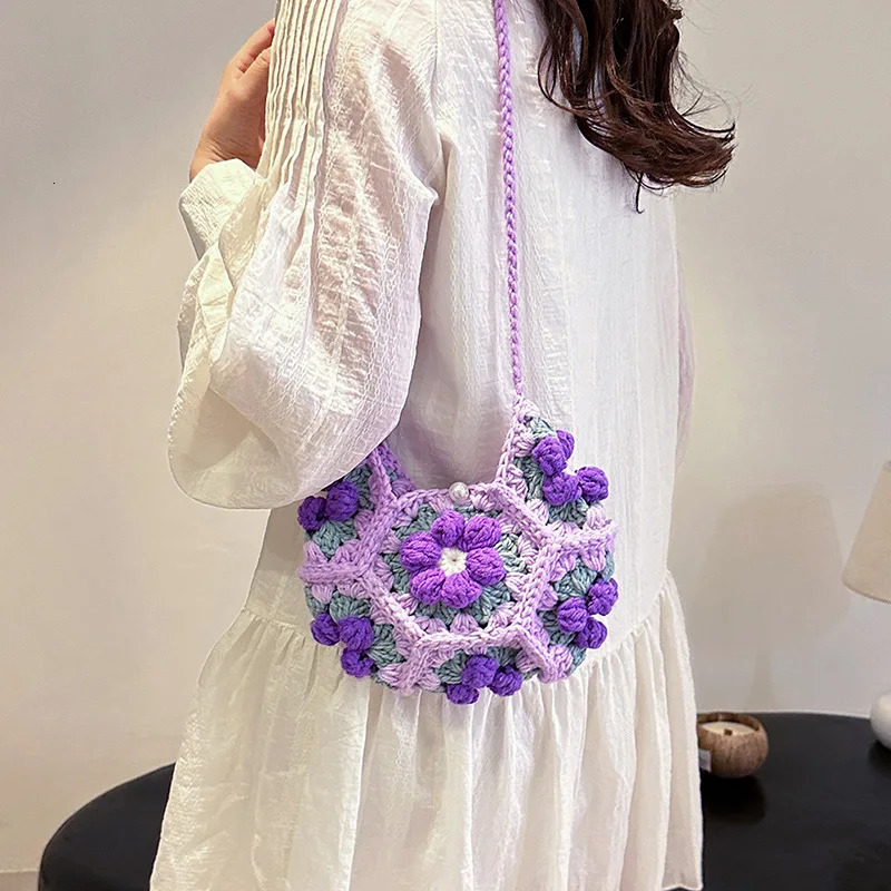 Summer Girls Knitted Bag Small Fresh Fashion Flower Messenger Bags Street Casual Handmade Woven Women Shoulder 250605