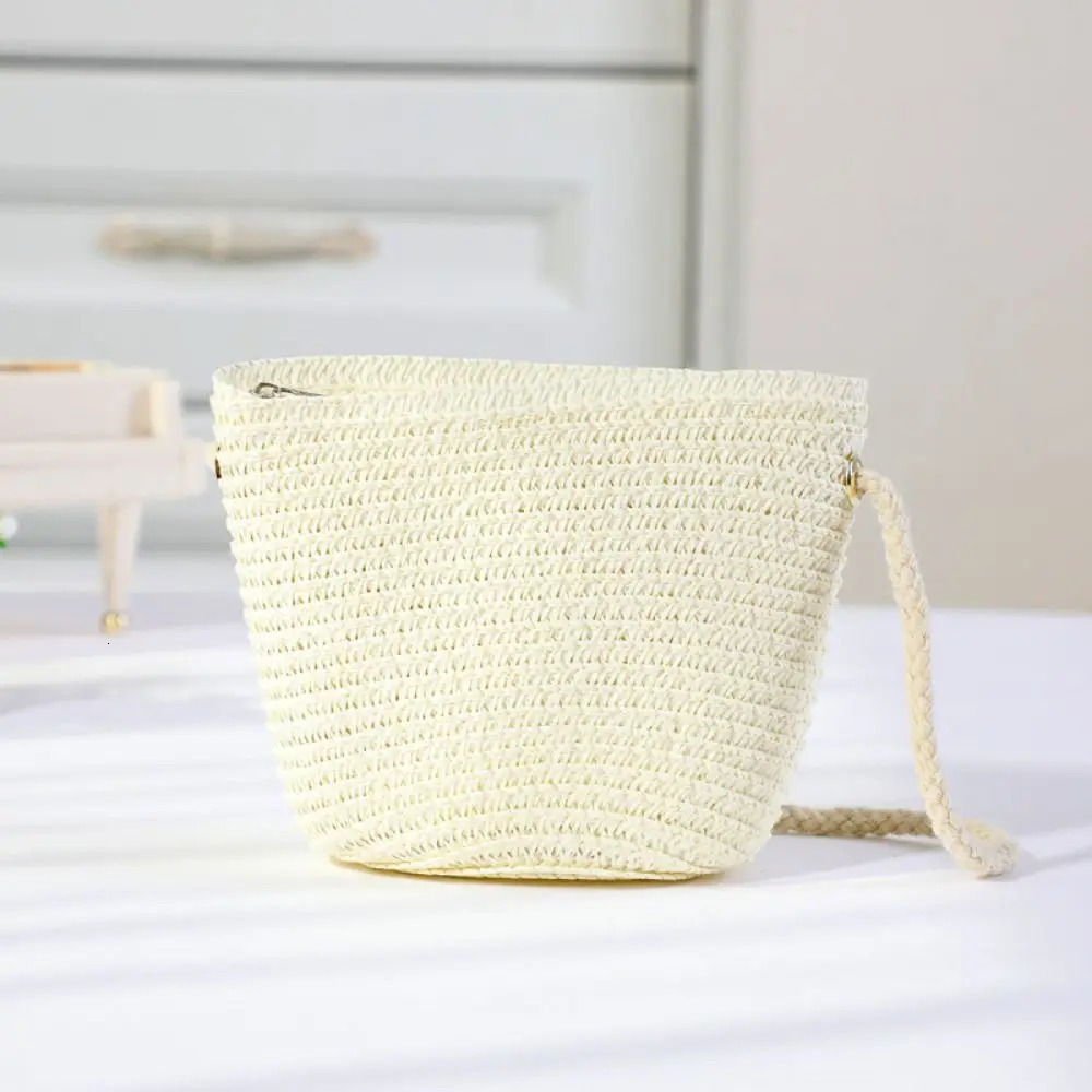 Girl Zipper Flower Straw Bag Cute Po Props Handmade Woven Kid Messenger Bags Storage Basket Coin Purse Crossbody Handbag 250605