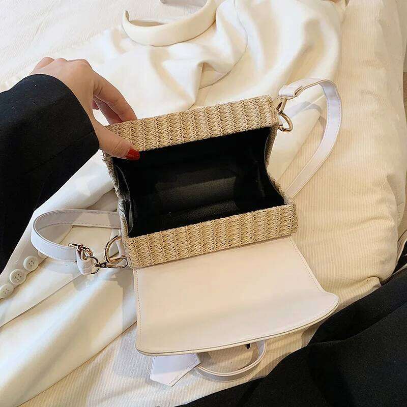 Fashion Straw Splicing Pu Leather Flap Handbag Hand-woven Box Rattan Women's Crossbody Messenger Casual Summer Beach Bag