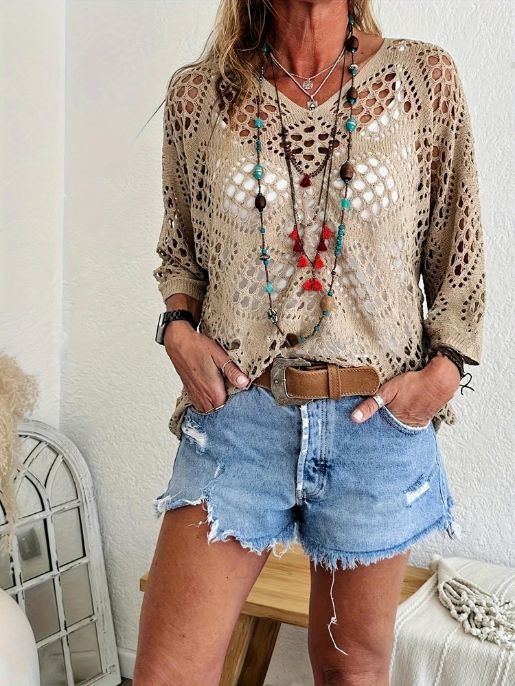 Fashionable and elegant large perforated top womens hollow knit sweater versatile sweater 250605