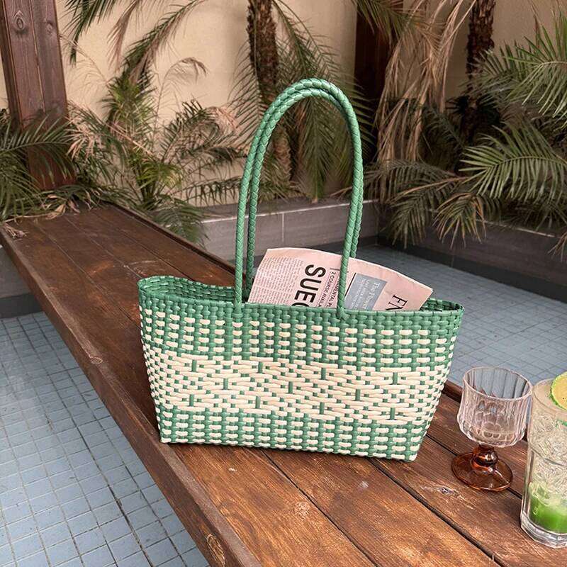 PVC Vegetable Basket Handbag Waterproof PE Picnic Plastic Woven Tote Shopping Bag Beach Handbags