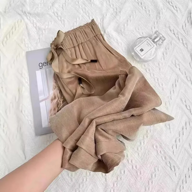 Acetic Acid Ice Silk Wide Leg Pants 2025 Summer Thin Satin Casual Pants Womens High Waisted Straight Leg Pants Long Trouser 250605