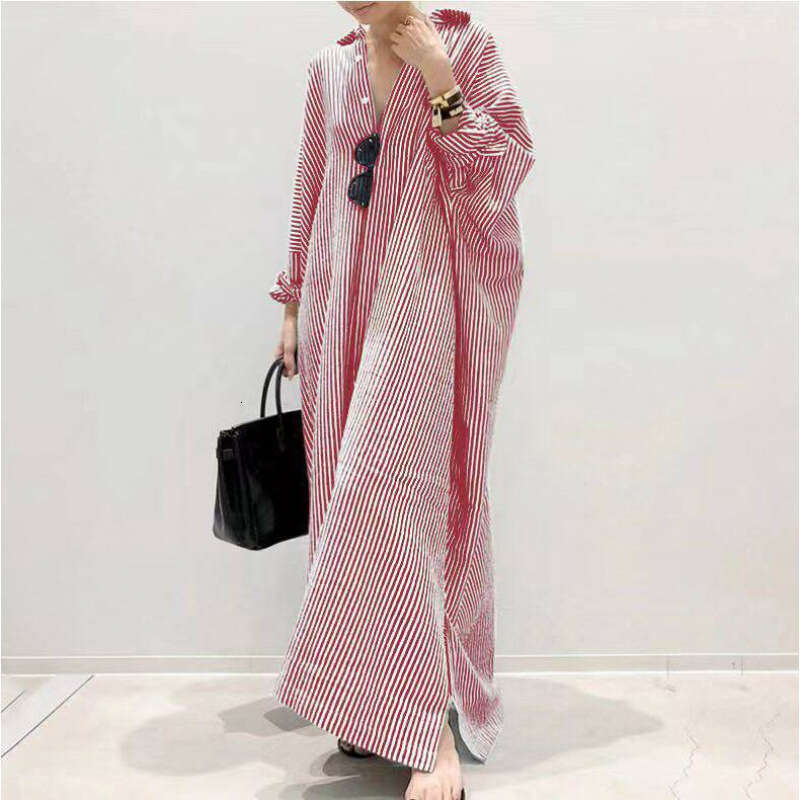 New Loose Striped Print Fashion Women's Plus Size Long Dress Cardigan B5