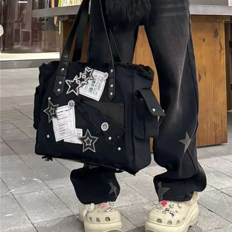 Xiuya Y2k Black Womens Tote Canvas Gothic Fashion Vintage Patchwork Shoulder Bag Large Capacity Original Female New Handbag