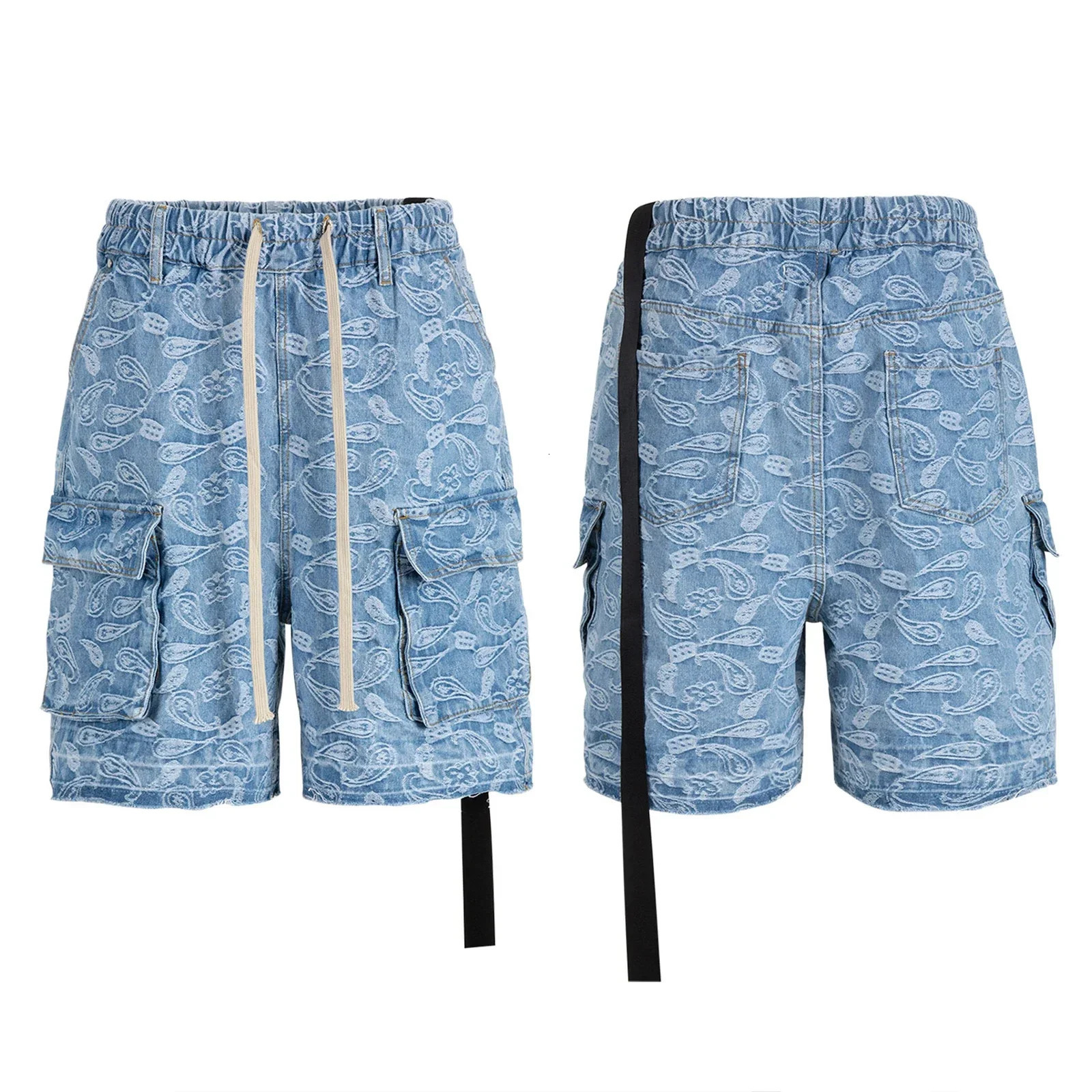 Streetwear Washed Cashew Flower Pocket Summer Denim shorts for Men and Women Wide Leg Baggy Drawstring Cargo Short 250530