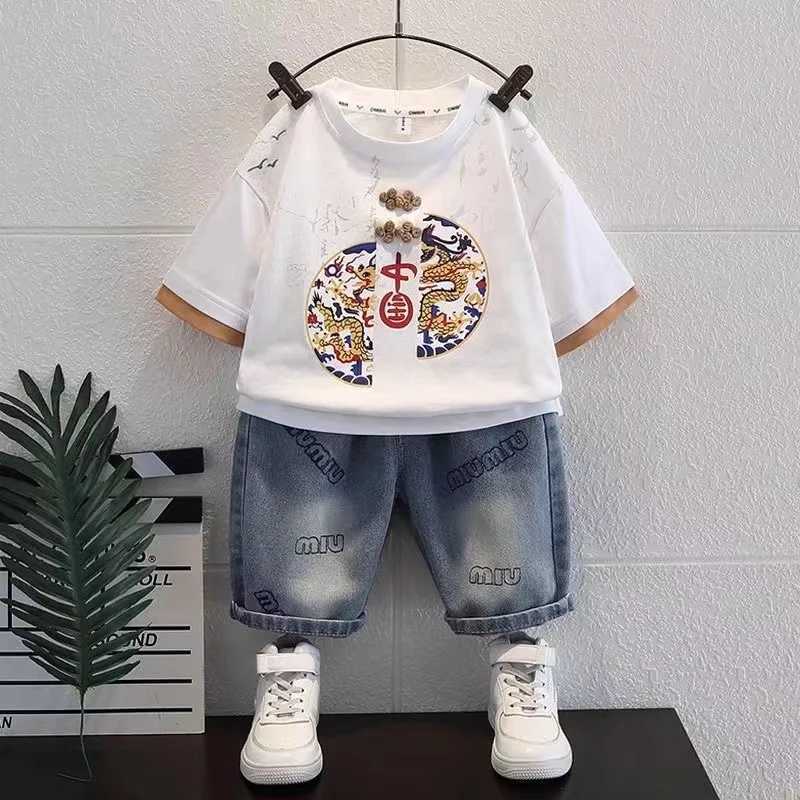 Boys Summer Hanfu Set 2025 New Childrens Short sleeved Cotton Embroidery Print T-Shirt Jeans Pant 2pcs Chinese Style Kids Suit R250606