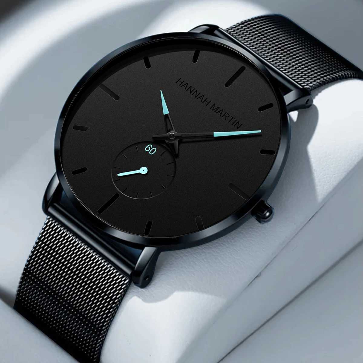 Hannah Martin Mens Watch Fashion Blue Black Timing Small Dial Original Quartz Movement Stainless Steel Casual Sports Mens Watches Y250605