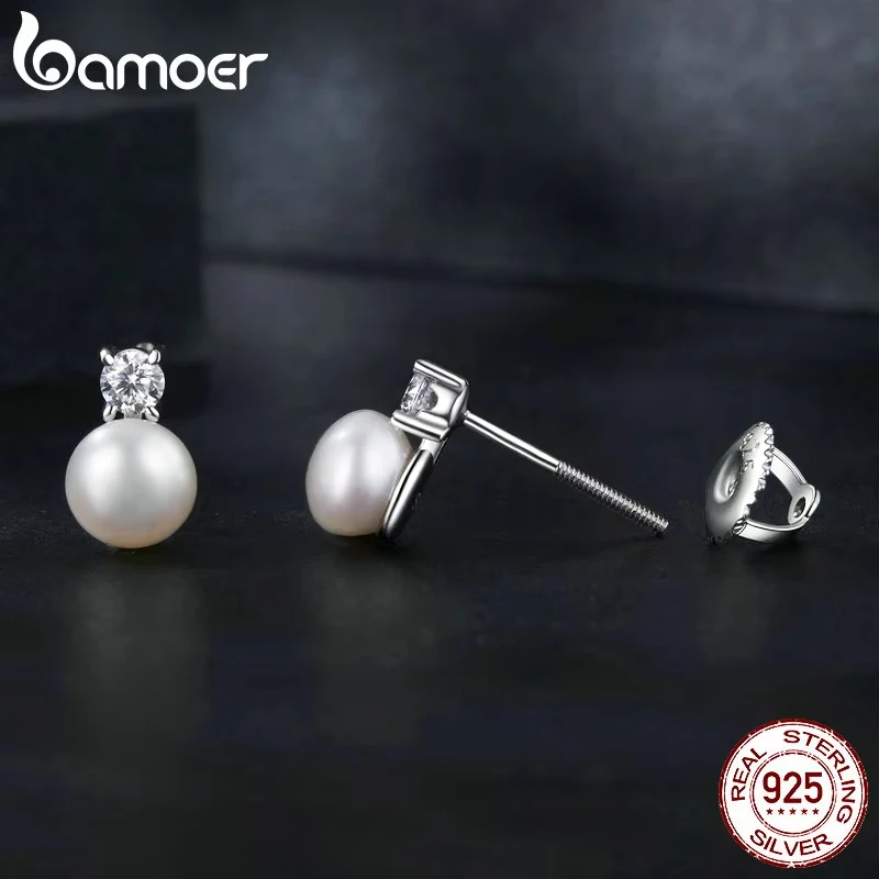 BAMOER Moissanite 925 Sterling Silver Freshwater Pearl Stud Earrings VVS1 Lab Created Diamond Wedding Earrings for Women Gift