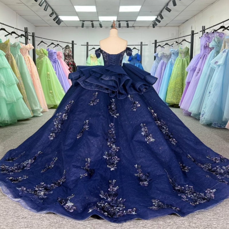 Navy Blue Shiny Off The Shoulder Ball Gown Quinceanera Dresses Appliques Lace Beading Crystal Tull Sweet 16 Dress vestidos 15 Anos