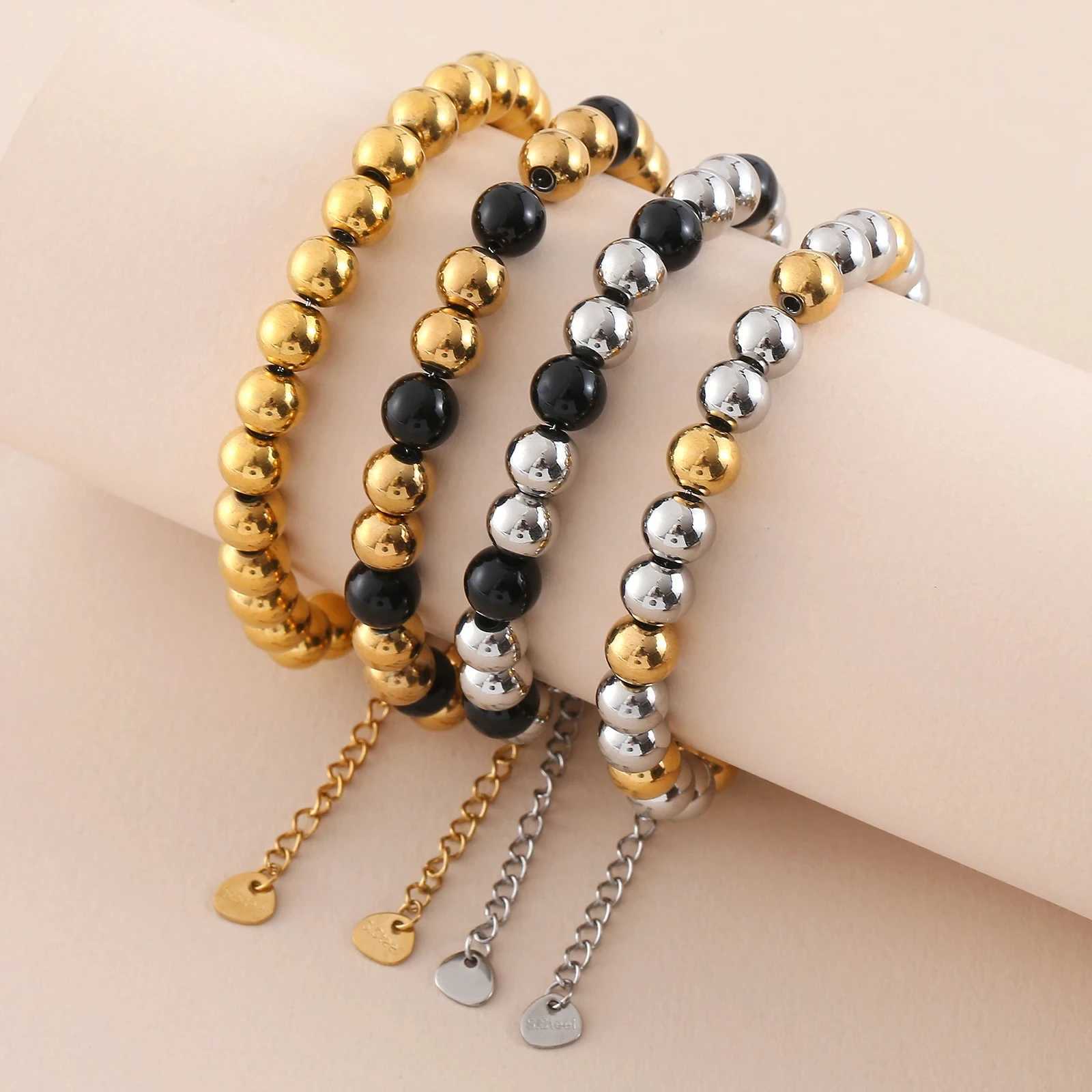 MHS.SUN Waterproof Smooth Beads Bracelet Adjustable Gold Silver Color Stainless Steel Round Balls Bracelets Unisex Party Jewelry W250606