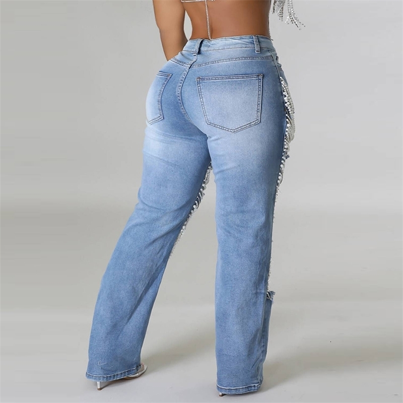 Women Plus Size Pearls Jeans Casual Vintage Hollow Out High Waist Sexy Straight Denim Trousers Summer 2025 Streetwear 250605A