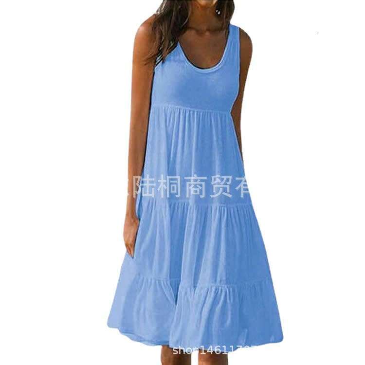 New Women's Fashion 7 Colors 8 Sizes Sleeveless Round Neck Patchwork Flared Beach Dress B5