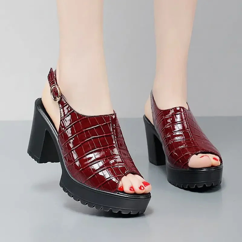 Small Size 32-43 Elegant Block High Heels Sandals Patent Leather Shoes Summer 2025 Thick Platform Sandals Women Office Model 250605