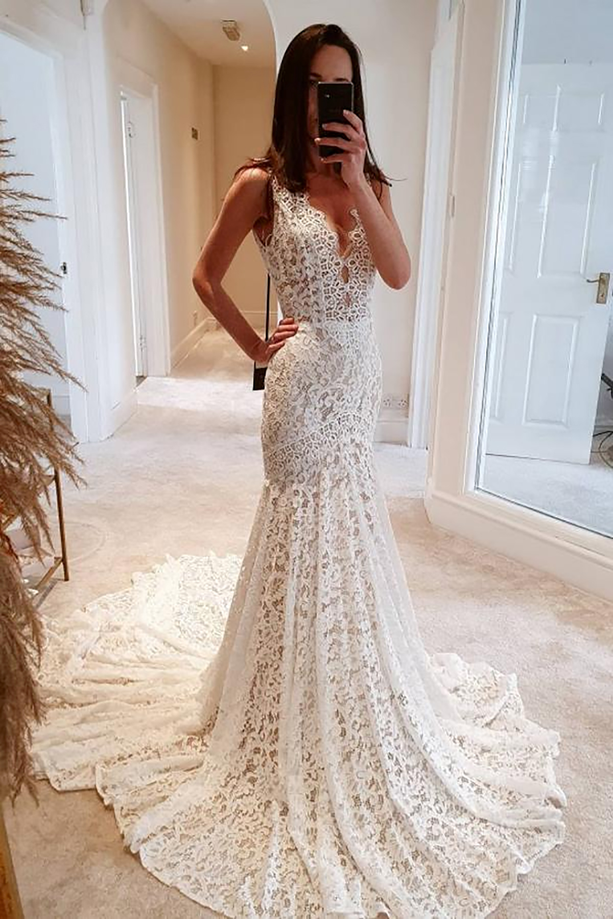 French Lace Boho Mermaid Wedding Dresses Chapel Train Deep V Bridal Gowns Backless Bride Dresses Second Birthday Engagement Party Dresses