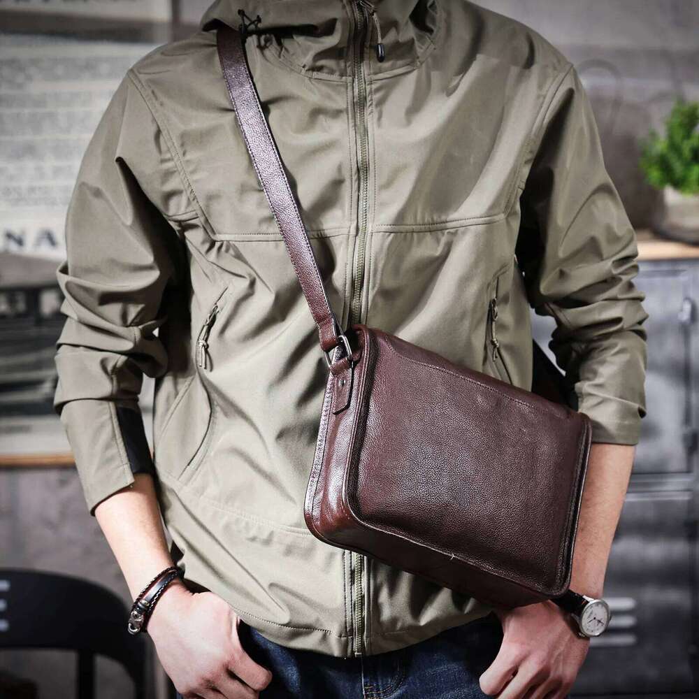 Genuine Men's Shoulder Crossbody Bags Unisex Simple Cowhide Bag Top Layer Vegetable-Tanned Leather Fashion Casual