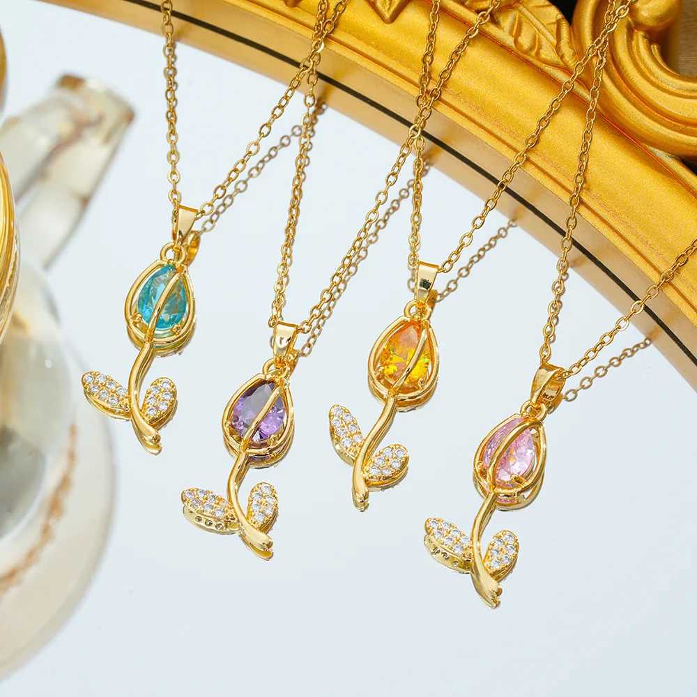 Colorful Zircon Tulip Pendant Necklaces for Women Girls Stainless Steel Chain Trendy Romantic Jewelry Accessories Gifts Y250605