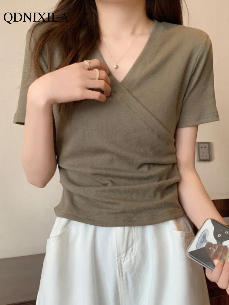 Summer Korean Fashion Casual Cross V-neck Womens T-shirt Short Sleeve Slim Bottoming Shirts Crop Top Youthful Woman Clothes 250605