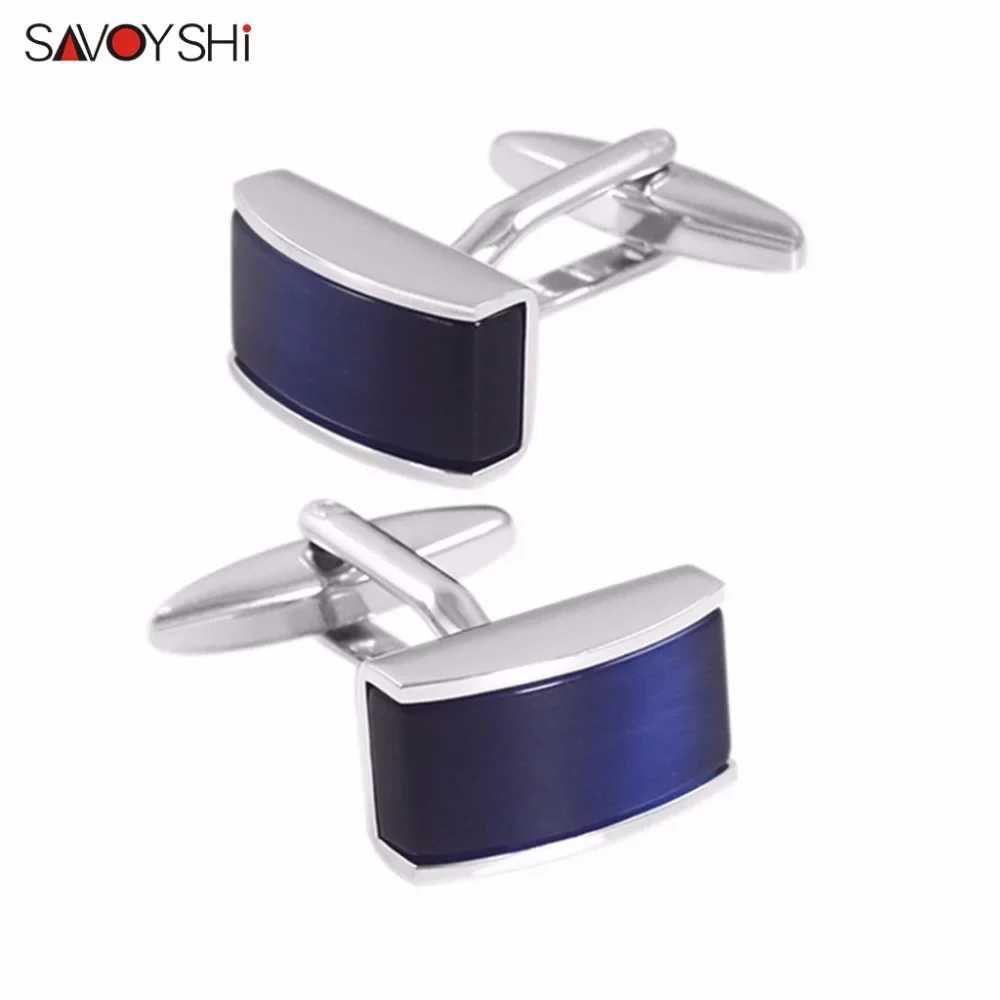 SAVOYSHI Luxury Square Blue Cats Eye Stone Cufflinks for Men High Quality Shirt Cuff Buttons Cuff Links Wedding Gift Jewelry W250606