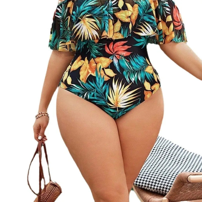 2025 Large Plus Size Halter Swimsuit Women Floral Printed Swimwear Female Bathers Bathing Swimming Swim Suit Beachwear 250603