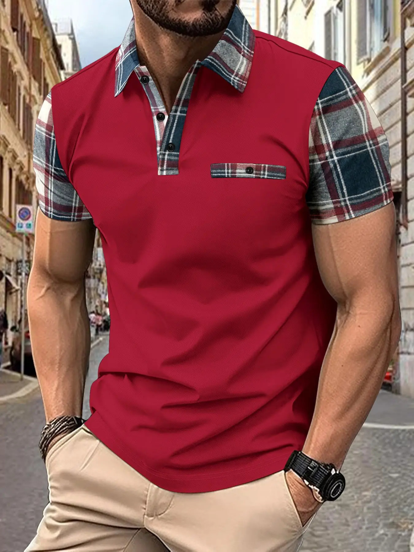 2025 summer Mens shortsleeved POLO shirt with color plaid lapel button casual home pocket Tshirt Top 250527