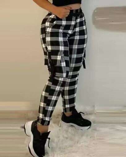 Women's Fashion Slim Fit Black Plaid Comfortable Casual Skinny Cargo Pants B5
