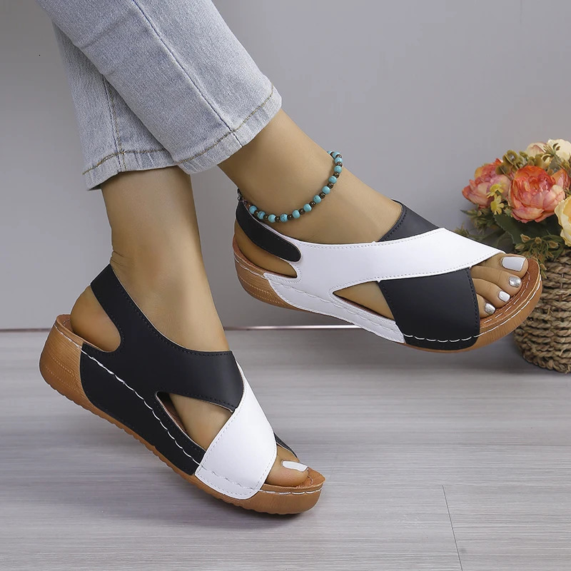 Womens Contrast Color Wedge Sandals Summer Peep Toe Non Slip Beach Shoes Woman Comfortable Platform Roman Sandalias Mujer 250605