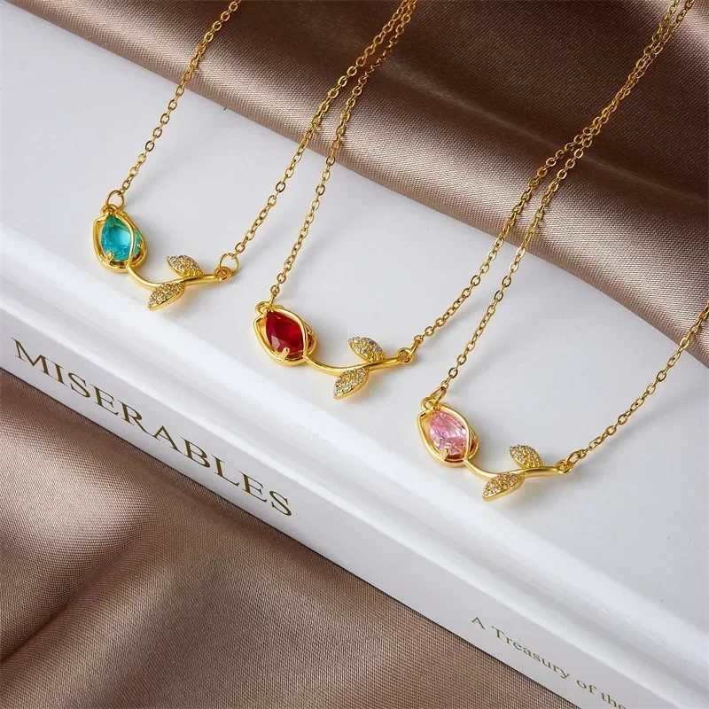 Sweet Colorful Zircon Tulip Pendant Necklaces for Women Girls Stainless Steel Trendy Romantic Jewelry Accessories Gifts Y250605