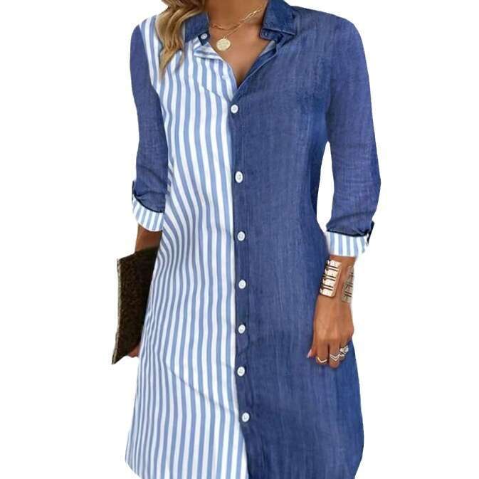 Fashion Women's Striped Color Block Long Sleeve Comfortable Casual Button Mid-Length Shirt B5