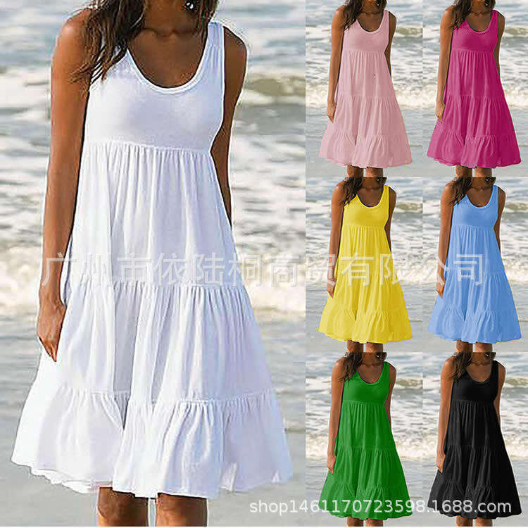 New Women's Fashion 7 Colors 8 Sizes Sleeveless Round Neck Patchwork Flared Beach Dress B5