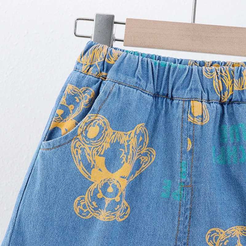 Boys Summer Denim Clothing Set Fashion Cartoon Bear Print Jacket Shorts 2-Piece Tracksuit Casual Outfit for Kids R250606