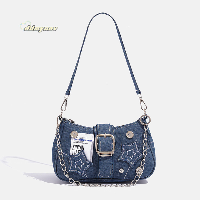 Y2K Millennial Underarm Women Button Denim Canvas Hot Girl Star Handbag Chain Bag ddmynov