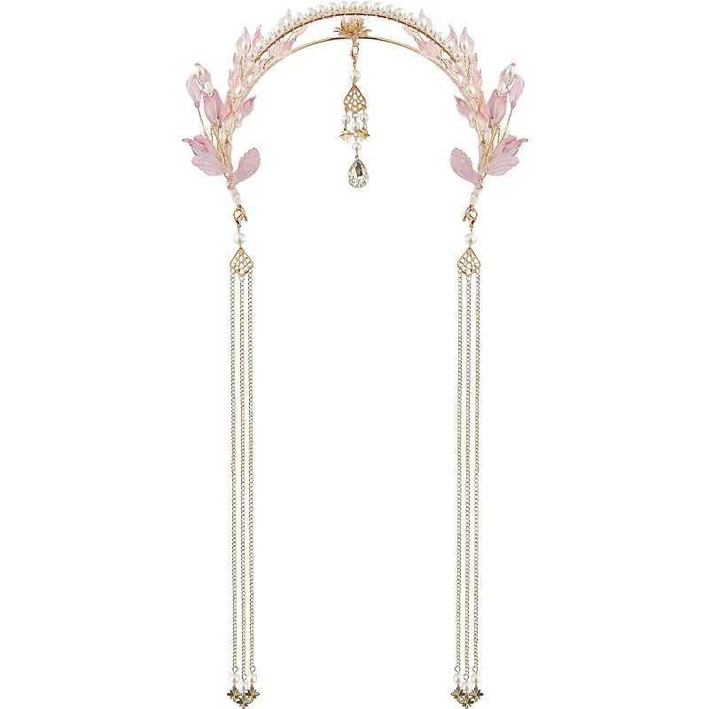 Tassel Fake Earrings Hairband Chinese Hanfu Hair Accessories Pink Floral Tiaras Headband Travel Photography Fairy Hair Jewelry Z250605
