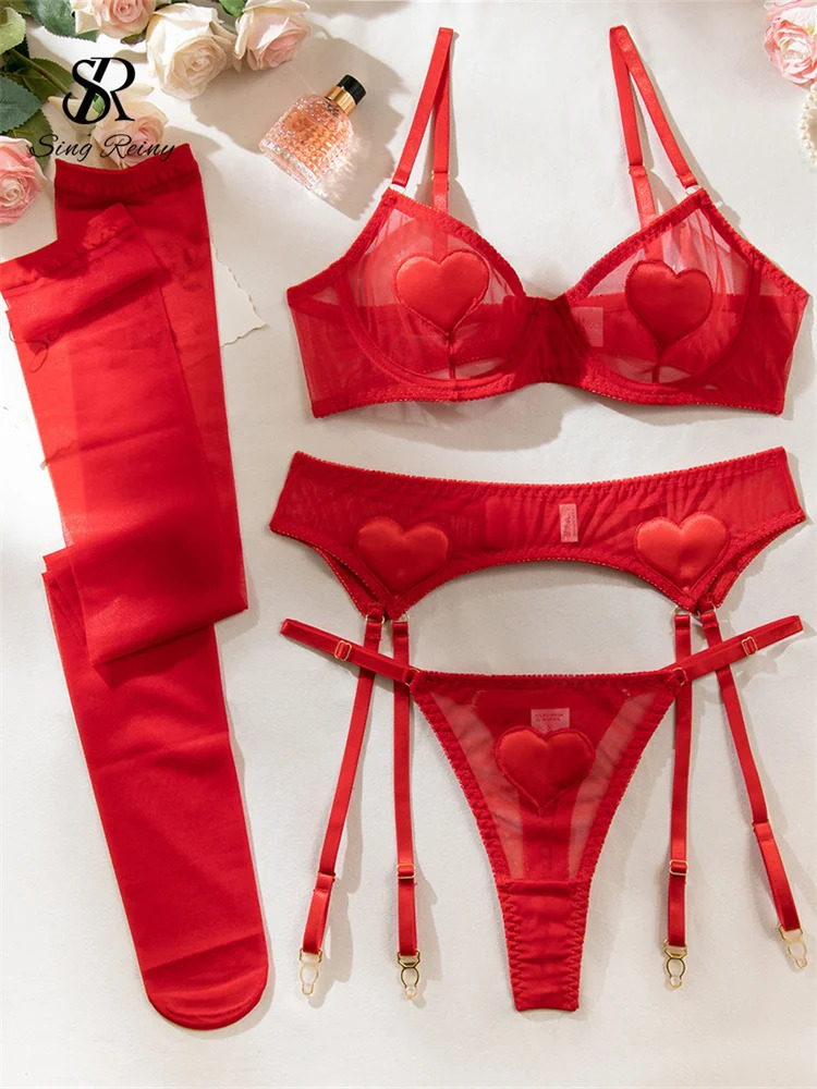 SINGREINY Love Sheer Slim Sexy Lingerie 4 Pieces Suits Women Garter Club Bra Sets Fashion Christmas Erotic Underwear Sets 250603