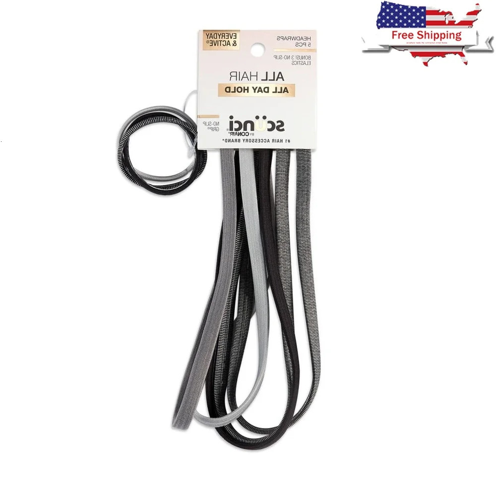 Non-Slip Elastic Headwraps 5-Pack Hair Accessories Comfortable Sweatbands Sports Workout Hair Ties Unisex Gray Black 250529