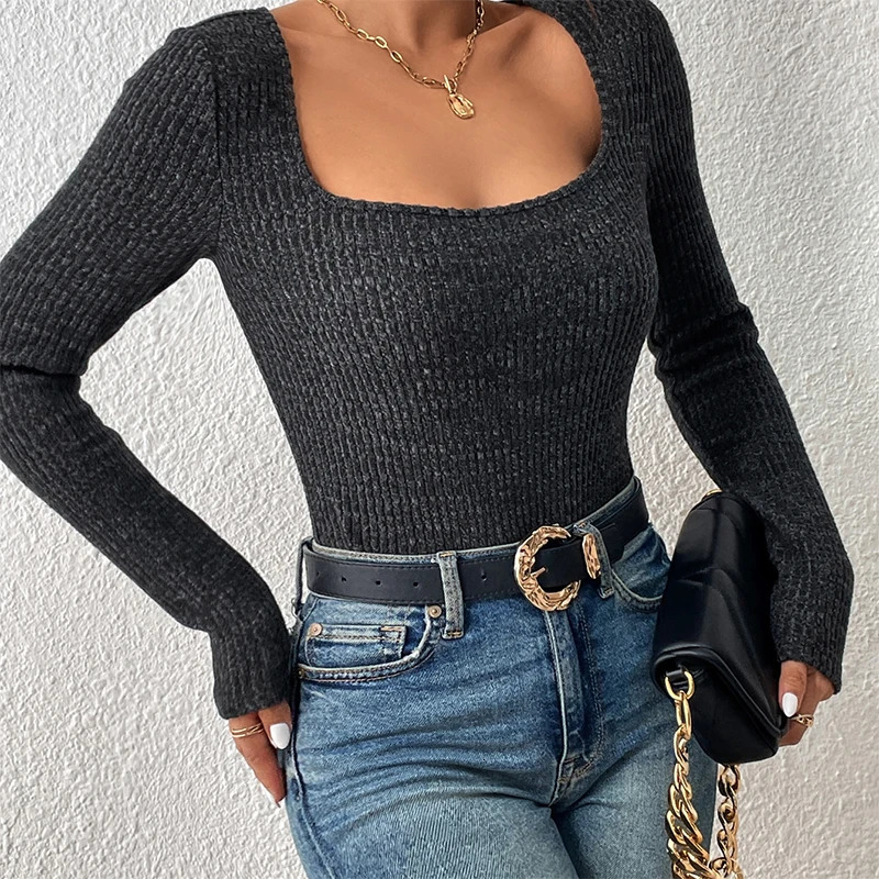 Square neck womens knitwear Vintage basic solid knit top Casual slimfit jumper Korean sweater Simple chic 250530