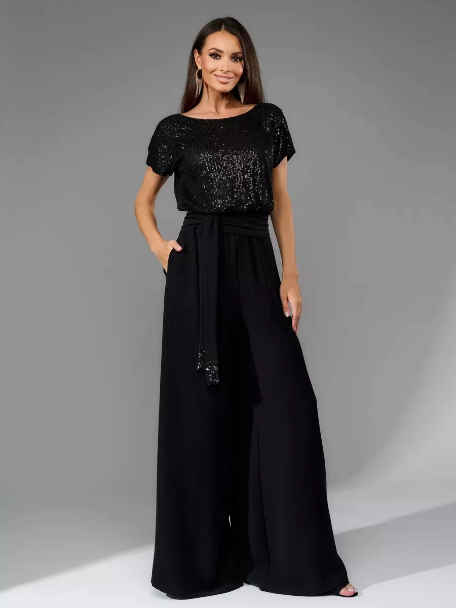 Lady Fashion Sequin Patchwork Commuting Jumpsuit Summer Casual Short Sleeved O Neck Lace Up Slim High Waist Jumpsuit Women 250530