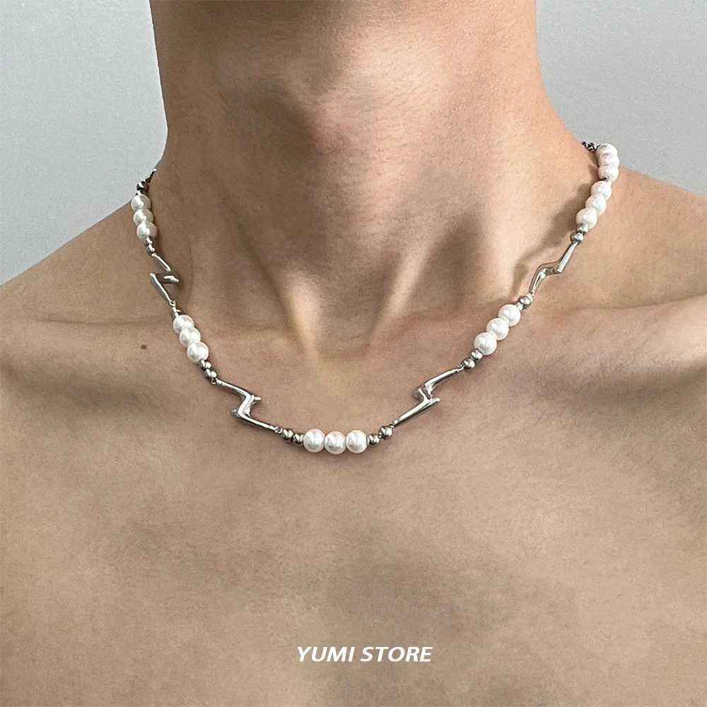 Hip Hop Pearl Splicing Lightning Necklace For Men Women Fashion Irregular Collar Choker Jewelry Unisex Accessories Wholesale Y250605