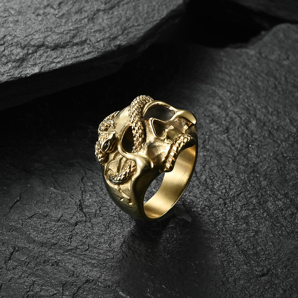 Hip Hop Vintage Stainless Steel Casting Snake Skull Ring Gold Plated Men Jewelry