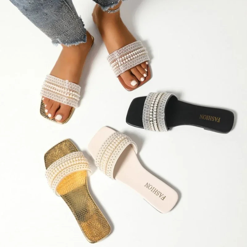 Women Pearl Slippers Summer Flats Square Toe Slides Sandals Woman Non Slip Beach Flip Flops Big Size Zapatillas De Mujer 250603