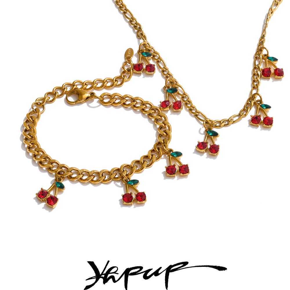 Yhpup Hot Style Stainless Steel Cubic Zirconia Cherry Drop Chain Necklace Bracelet Bangle 18K Gold Color Plated Delicate Jewelry Y250605