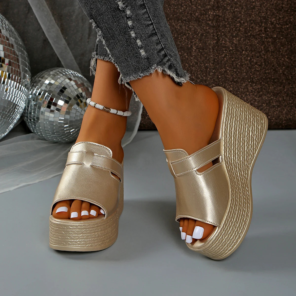 Shoes Woman 2025 Slippers for Swimming Pool Golden Wedge Peep Toe Round Headed Comfortable Beach Shoes Size 35-43 250605