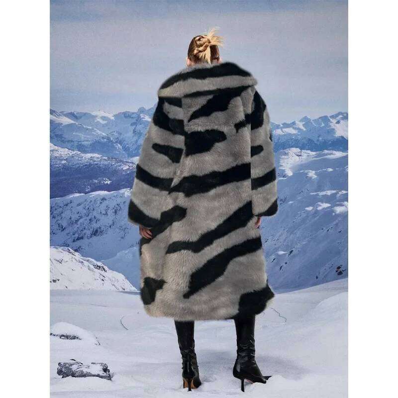 Winter Womens Long Tiger Fur Elegant Thicken Warm Coat Parka Down Jacket Overcoat Y2K Chic Clothes