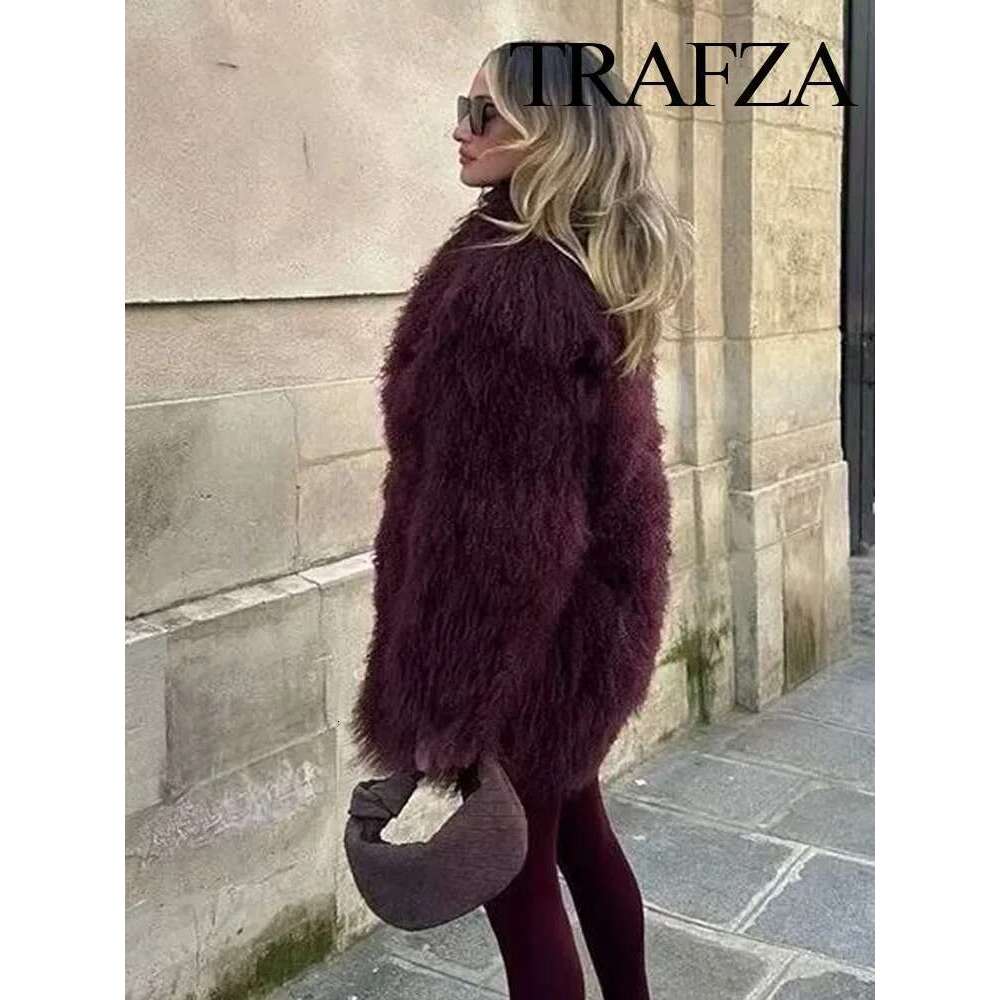 TRAFZA Women Faux Fur Jackets Loose Sleeves Turn Down Collar Warm Winter Long Coat Female Wine Red Vintage Casual Outerwear