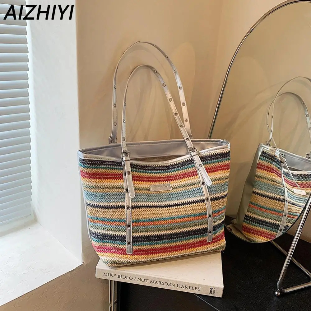 Trendy Woven Shoulder Bag Women Raffia Boho Bag Large Straw Bag Rattan Crochet Handbag Summer Beach Tote Bags For Women 250530