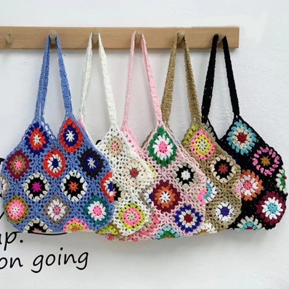 Bohemian Crochet Ladies Shoulder Bags Knitted Multicolor Hollow Tote Bag Retro Casual Knit Summer Beach Bag 250605