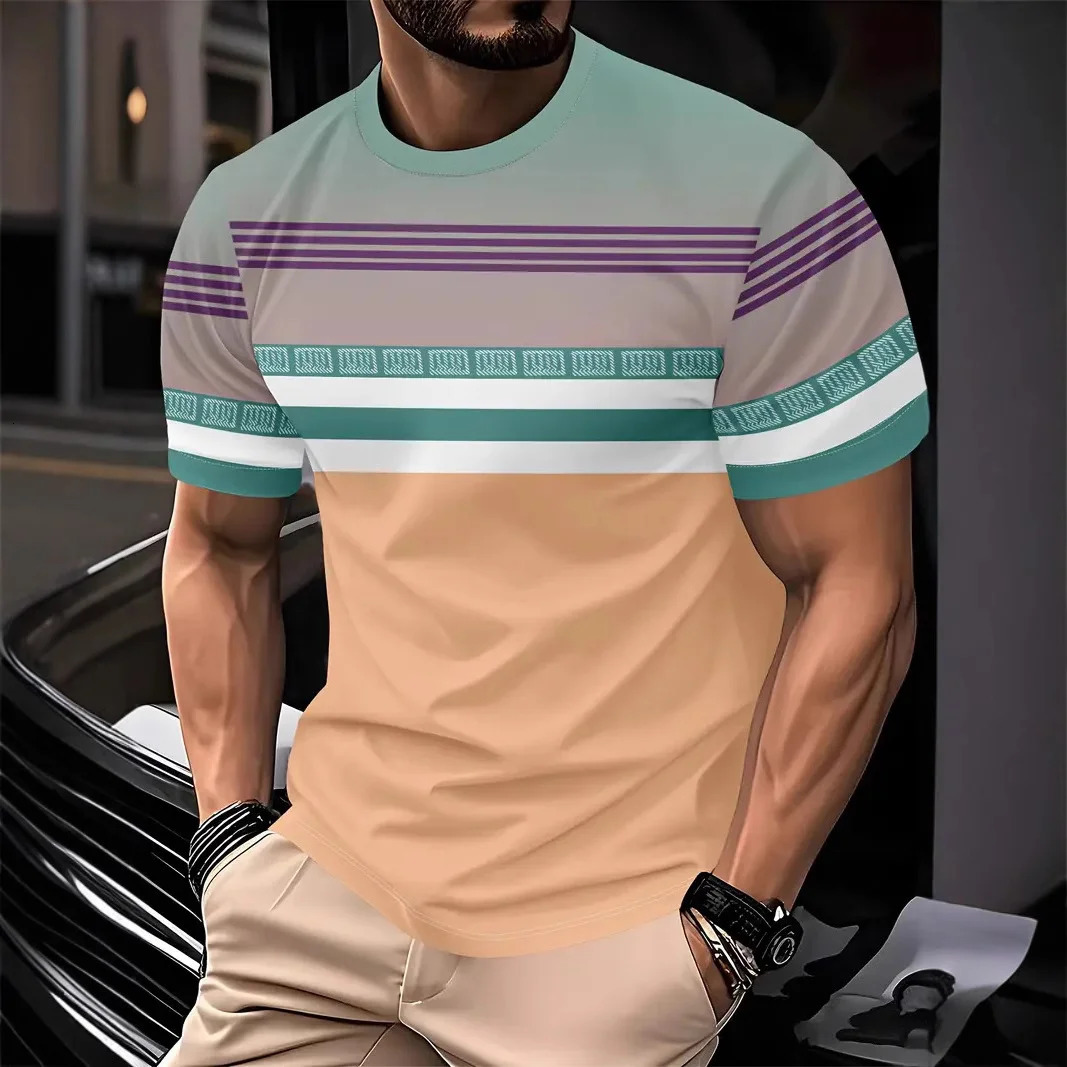 2025 Summer Mens Fashion 3D T Shirt Splicing Printed Colorblocking Casual Slim Short Sleeve Outdoor Sports Running Fitness Top 250605