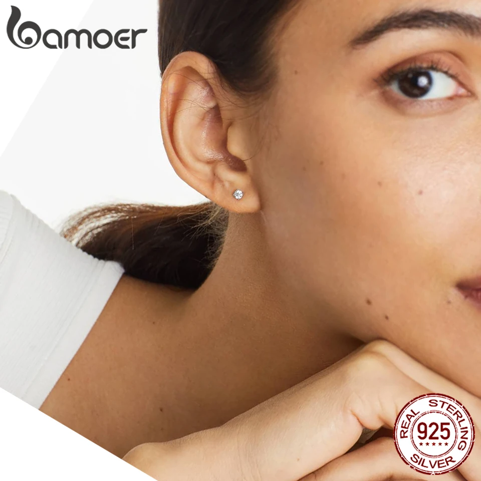 Bamoer Diamond 925 Sterling Silver Simple Round Moissanite Stud Earrings for Men Women Classic Engagement Certified Fine Jewelry Gift Romantic MSE038