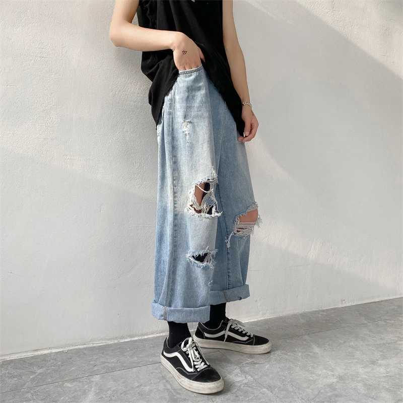 Summer Mens Ripped Jeans Blue Loose Fit Hole Wide-leg Pants Casual Fashion Trousers Streetwear Denim Mens CloTHing Z250605